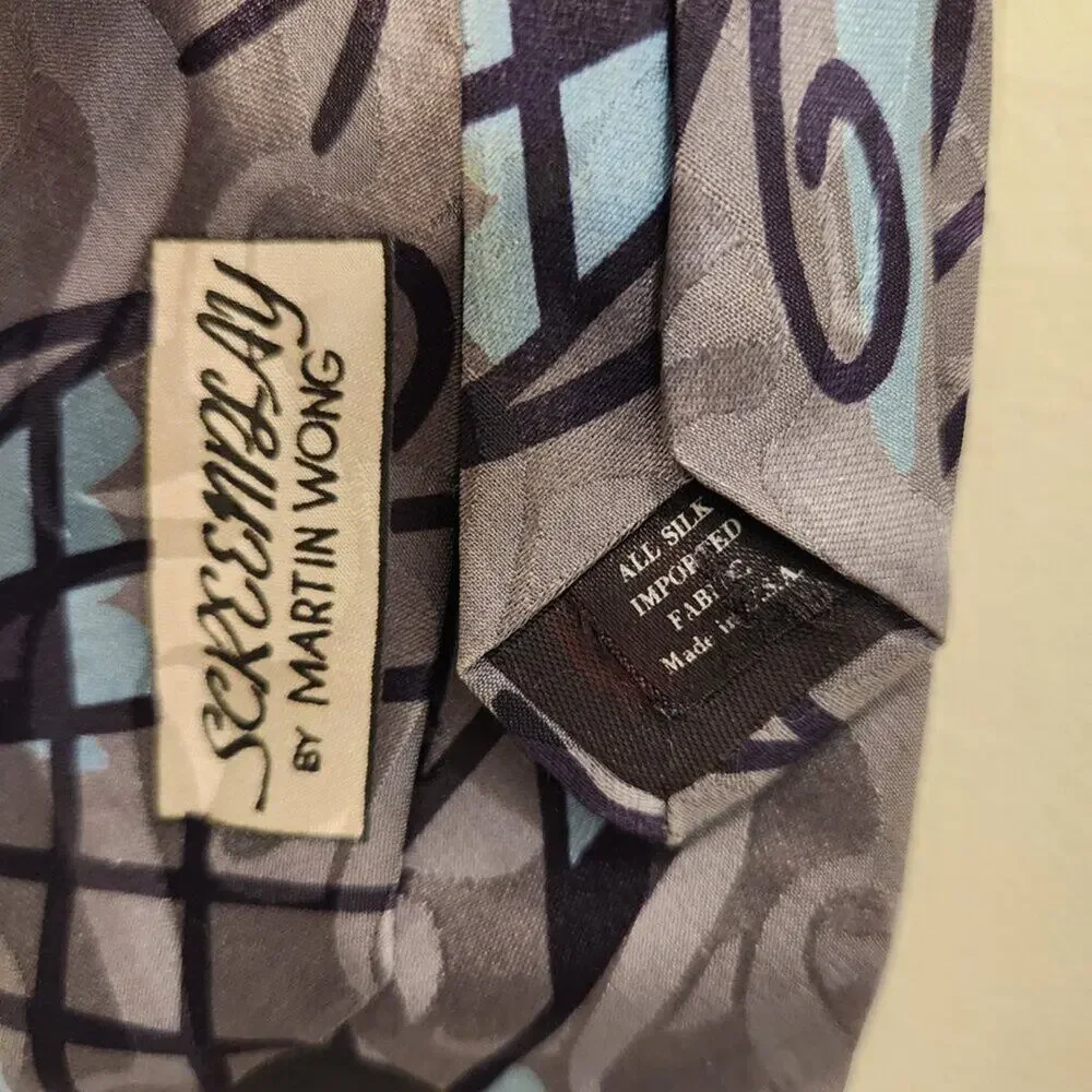 Vintage Screenplay Martin Wong Silk Tie Abstract Retro Bold Classic Grey Blue